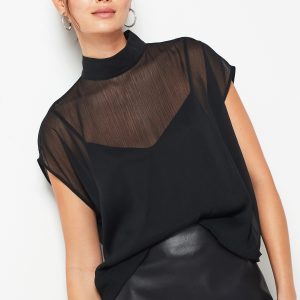 GO8423 Black Sheer Layer Cap Sleeve Top