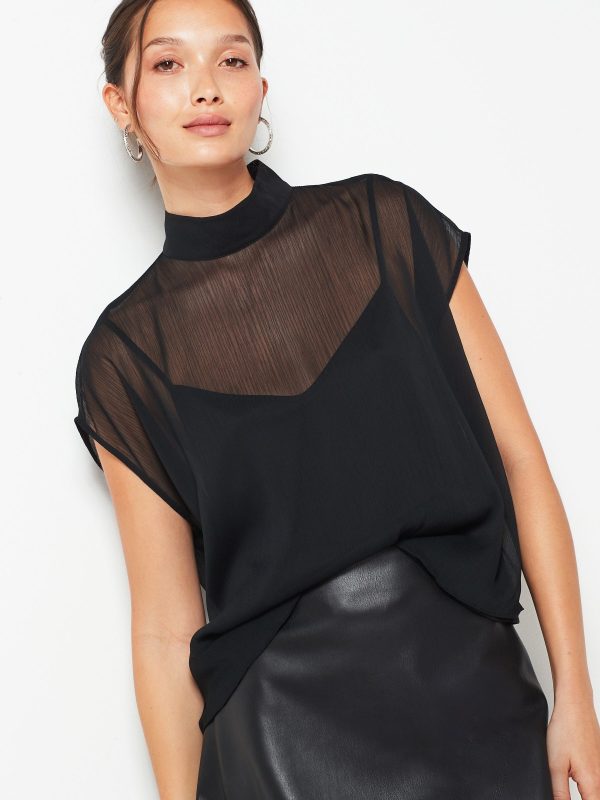 GO8423 Black Sheer Layer Cap Sleeve Top