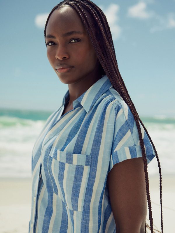 GO8428 Blue Stripe Short Sleeve Shirt With Linen