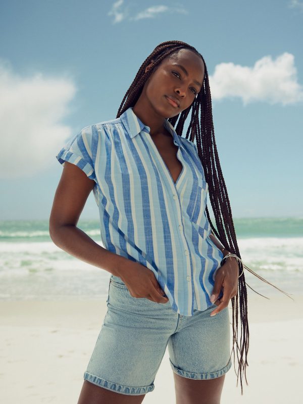 GO8428 Blue Stripe Short Sleeve Shirt With Linen - Image 2