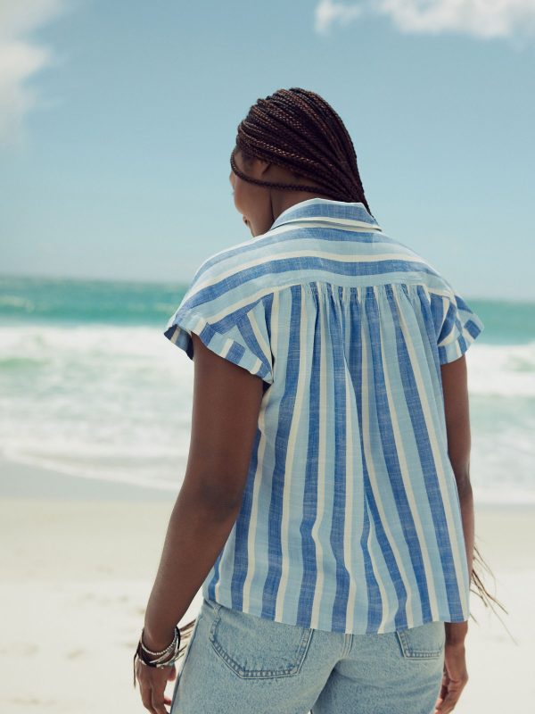 GO8428 Blue Stripe Short Sleeve Shirt With Linen - Image 4