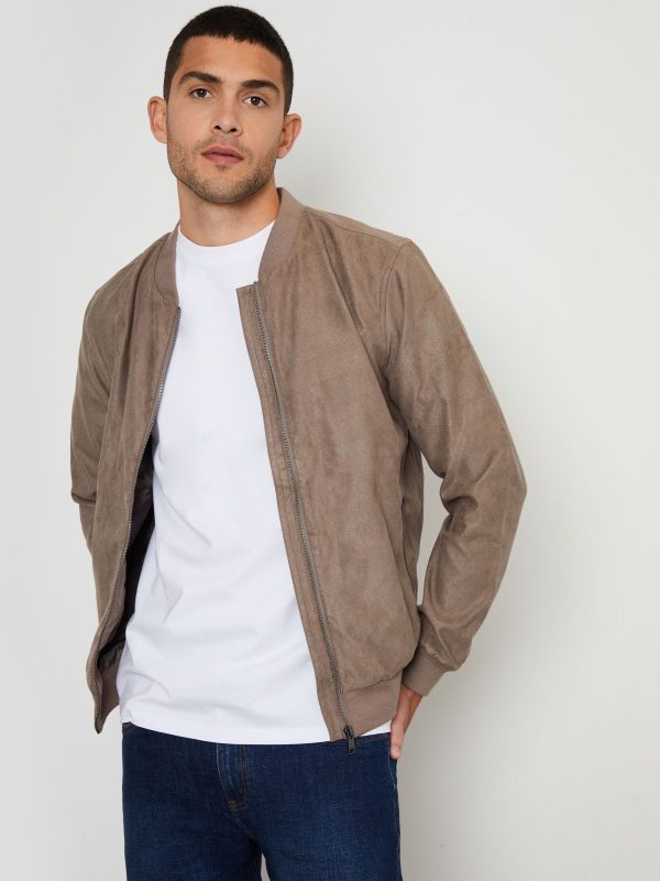 GO8480 Brown Faux Suede Bomber Jacket