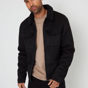 GO8484 Black Faux Suede Borg Lined Aviator Jacket