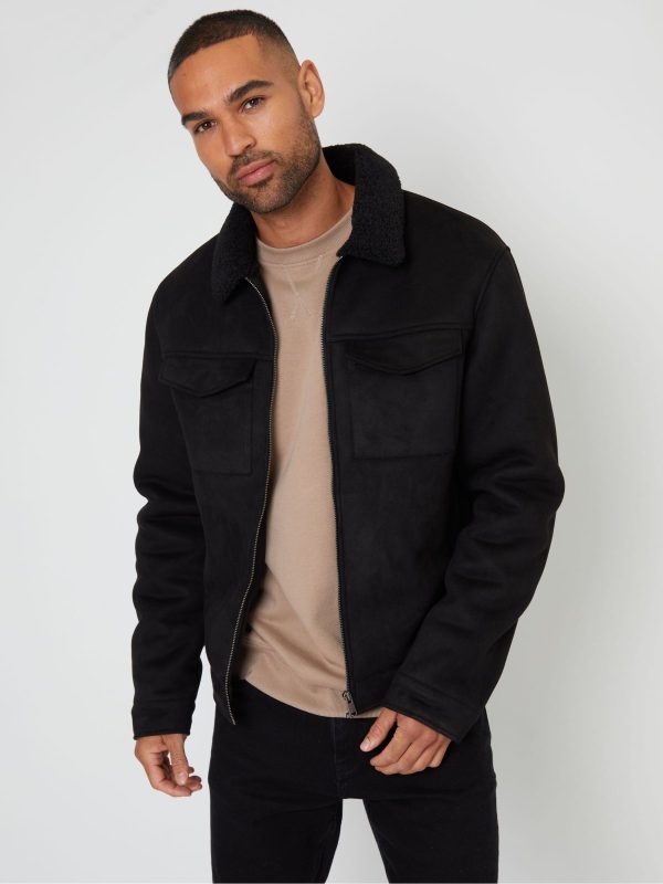 GO8484 Black Faux Suede Borg Lined Aviator Jacket