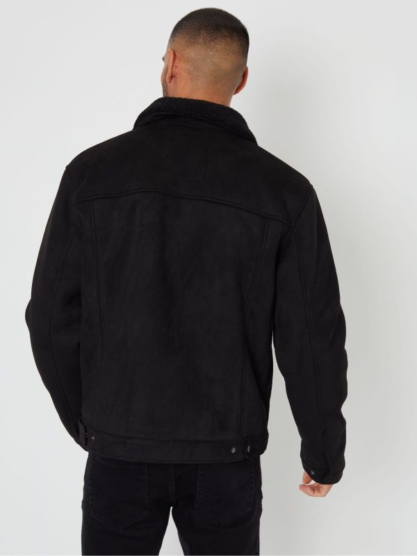 GO8484 Black Faux Suede Borg Lined Aviator Jacket - Image 2
