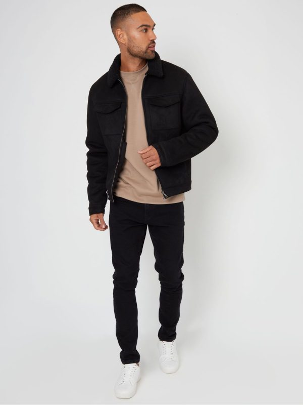 GO8484 Black Faux Suede Borg Lined Aviator Jacket - Image 3