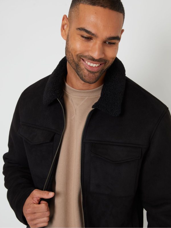 GO8484 Black Faux Suede Borg Lined Aviator Jacket - Image 4