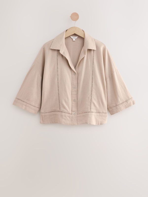 GO8430 Neutral Stone Linen Blend Short Sleeve Ladder Insert Shirt - Image 6