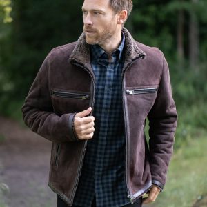 GO8476 Leather Brown Buccaneer Suede Finish Sheepskin Racer Jacket