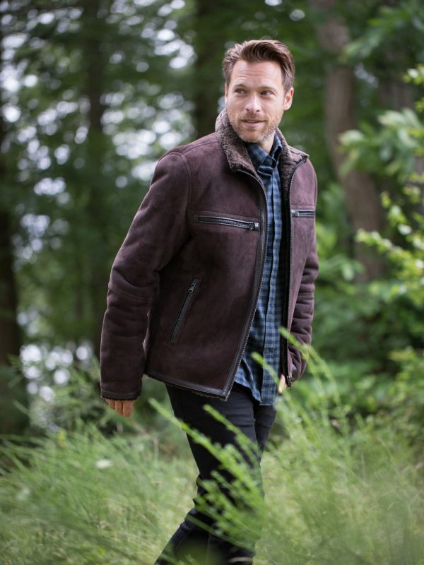 GO8476 Leather Brown Buccaneer Suede Finish Sheepskin Racer Jacket - Image 2