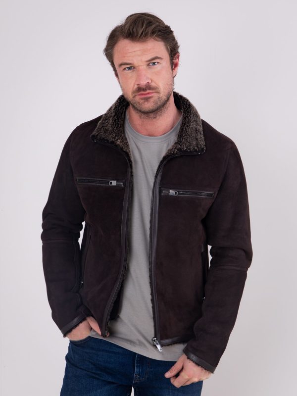 GO8476 Leather Brown Buccaneer Suede Finish Sheepskin Racer Jacket - Image 3