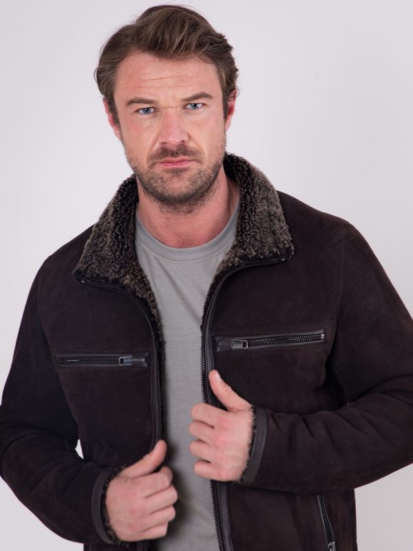 GO8476 Leather Brown Buccaneer Suede Finish Sheepskin Racer Jacket - Image 4