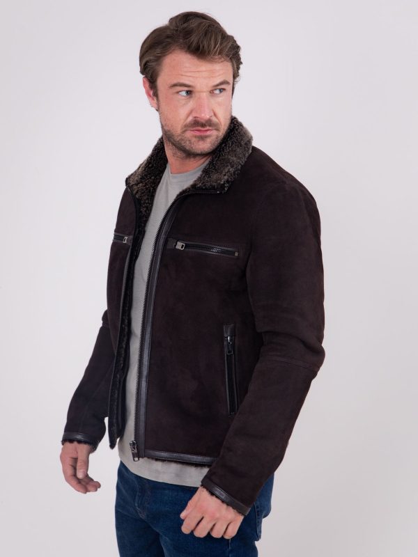 GO8476 Leather Brown Buccaneer Suede Finish Sheepskin Racer Jacket - Image 7