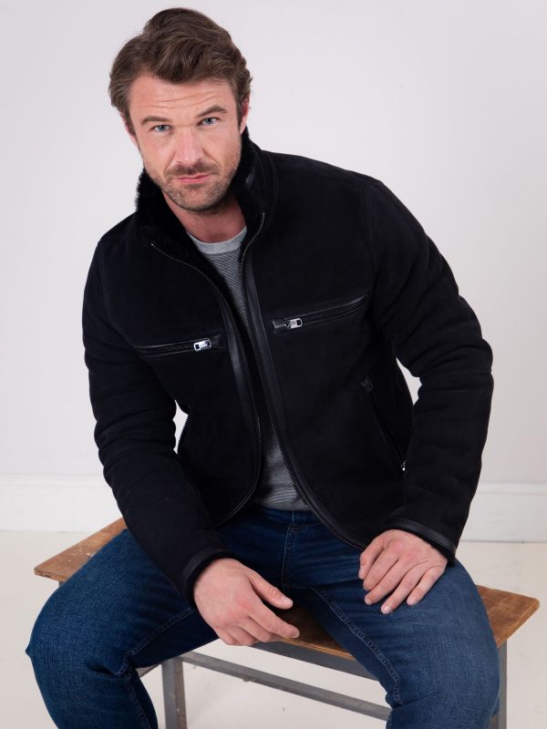 GO8475 Leather Black Buccaneer Suede Finish Sheepskin Racer Jacket