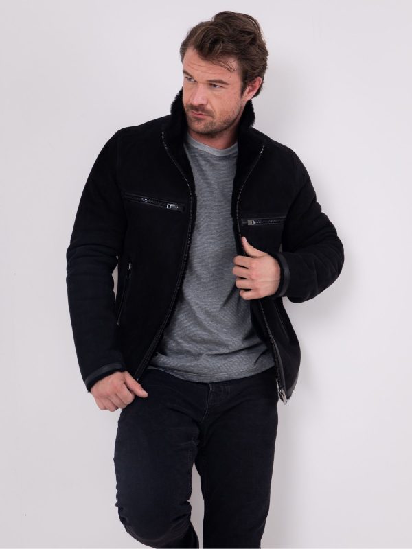 GO8475 Leather Black Buccaneer Suede Finish Sheepskin Racer Jacket - Image 3