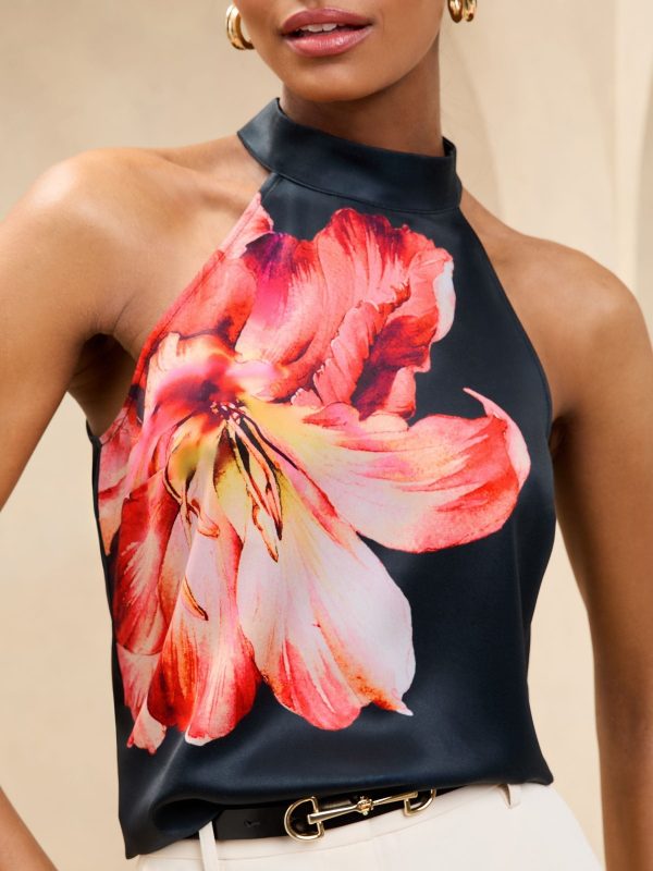 GO8432 Black Floral Print Satin Halter Top - Image 2