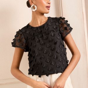 GO8422 Black 3D Floral Shell Short Sleeve Top