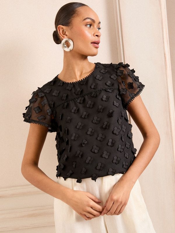 GO8422 Black 3D Floral Shell Short Sleeve Top