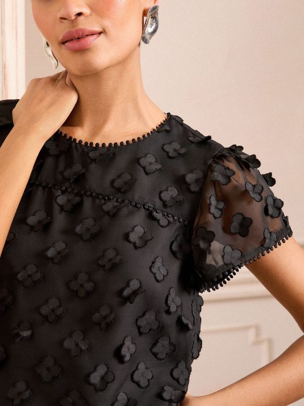 GO8422 Black 3D Floral Shell Short Sleeve Top - Image 2