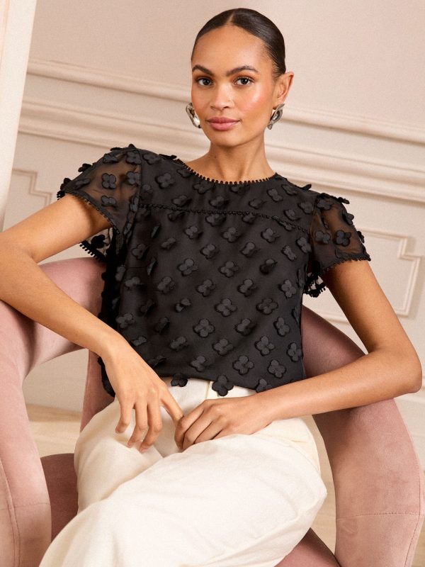 GO8422 Black 3D Floral Shell Short Sleeve Top - Image 3