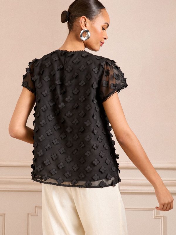 GO8422 Black 3D Floral Shell Short Sleeve Top - Image 4