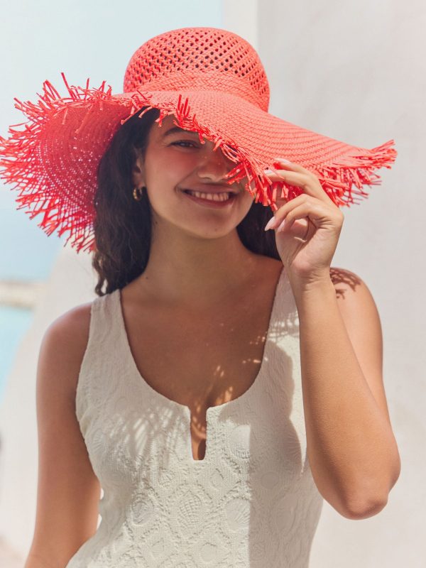 GO8472 Red Wide Frayed Brim Hat - Image 2