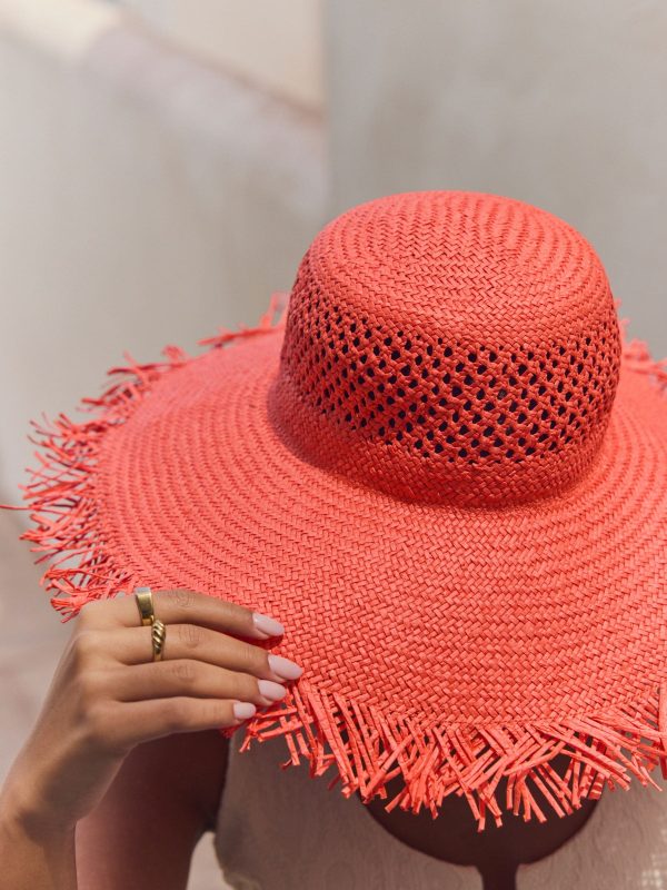 GO8472 Red Wide Frayed Brim Hat - Image 4