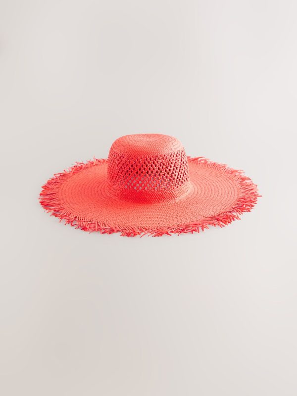 GO8472 Red Wide Frayed Brim Hat - Image 5