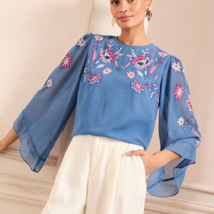 GO8426 Blue Embroidered Crew Neck Flute Sleeve Blouse