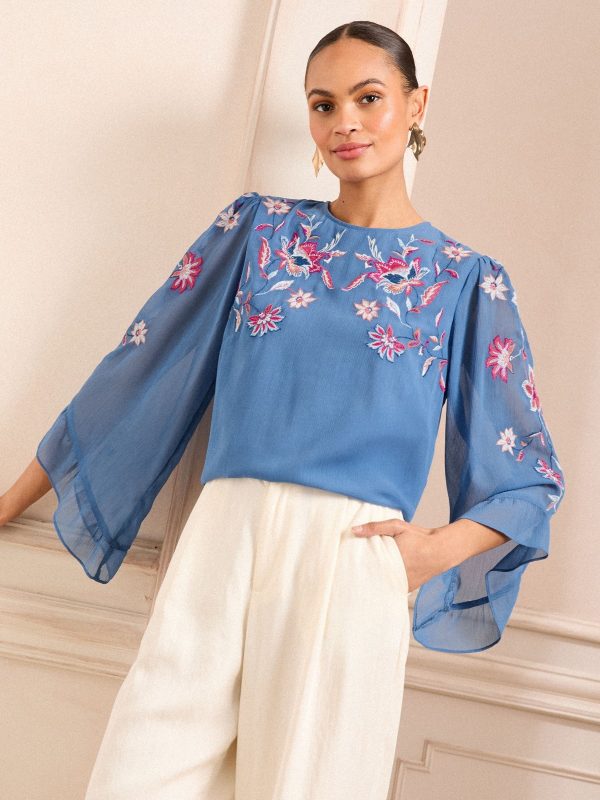 GO8426 Blue Embroidered Crew Neck Flute Sleeve Blouse