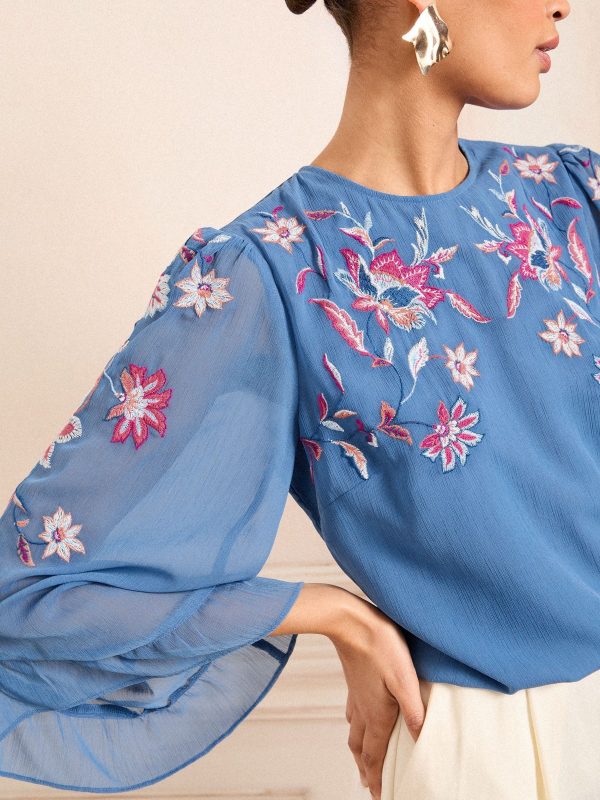 GO8426 Blue Embroidered Crew Neck Flute Sleeve Blouse - Image 2