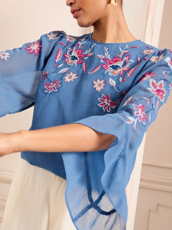 GO8426 Blue Embroidered Crew Neck Flute Sleeve Blouse - Image 3