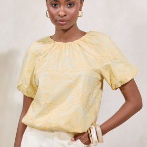 GO8429 Yellow Bubble Hem Puff Sleeve Embroidered T-Shirt