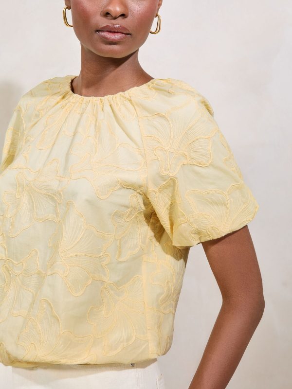 GO8429 Yellow Bubble Hem Puff Sleeve Embroidered T-Shirt - Image 2