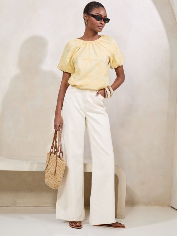GO8429 Yellow Bubble Hem Puff Sleeve Embroidered T-Shirt - Image 3