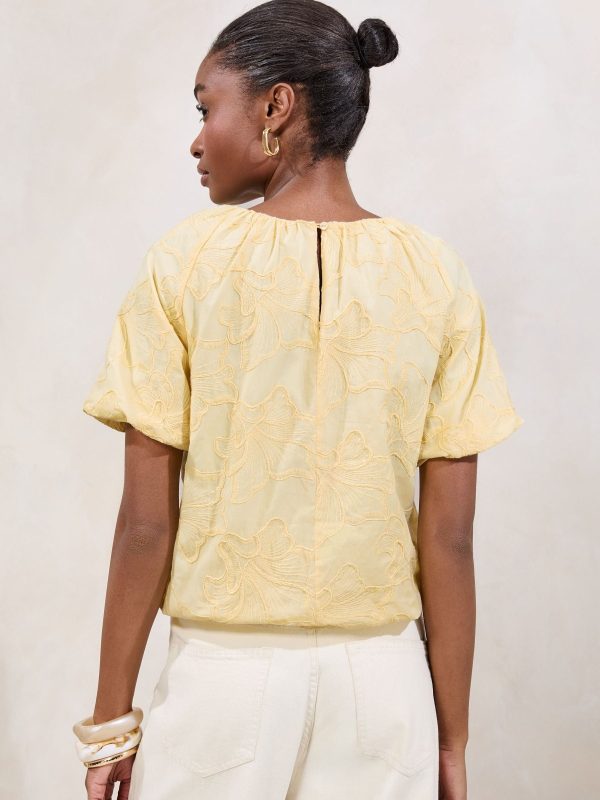 GO8429 Yellow Bubble Hem Puff Sleeve Embroidered T-Shirt - Image 4
