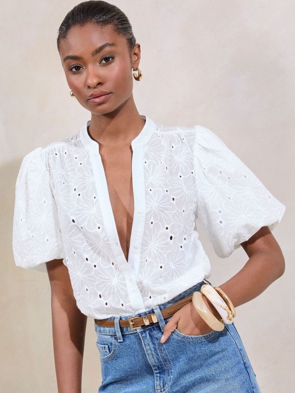GO8421 White Brodierie Puff Sleeve Blouse