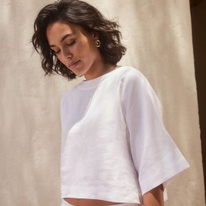 GO8437 White Premium 100% Linen Boxy Short Sleeve Blouse