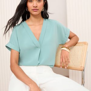 GO8424 Blue Short Sleeve Notch Neck Blouse