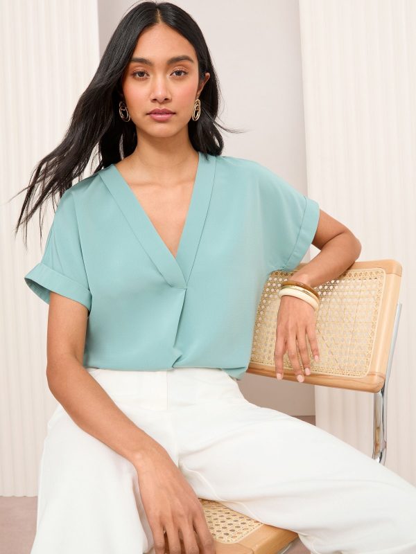 GO8424 Blue Short Sleeve Notch Neck Blouse