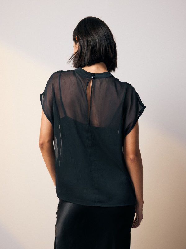 GO8427 Navy Blue Sheer Layer Cap Sleeve Top - Image 3