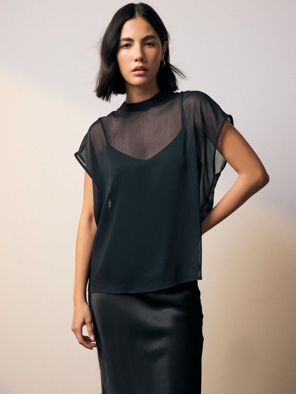 GO8427 Navy Blue Sheer Layer Cap Sleeve Top - Image 4