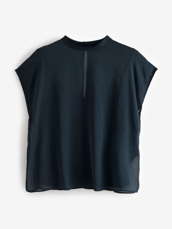GO8427 Navy Blue Sheer Layer Cap Sleeve Top - Image 5