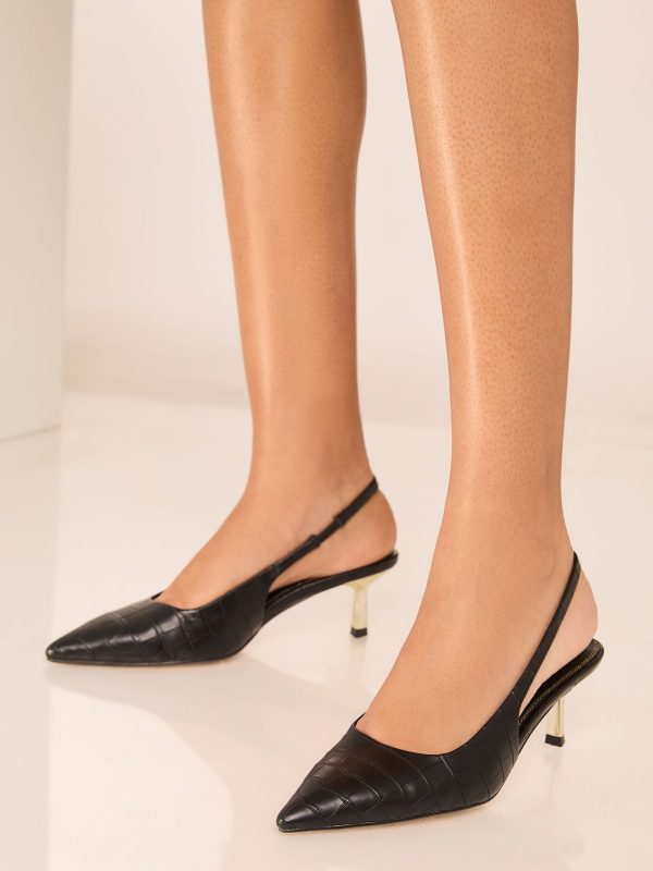 GO8440 Black Faux Leather Kitten Heel Pointed Slingback Court Shoes - Image 2