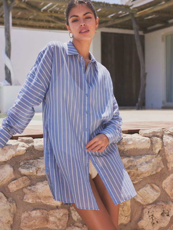 GO8434 Blue/White Stripe 100% Cotton Beach Shirt Cover-Up - Image 4
